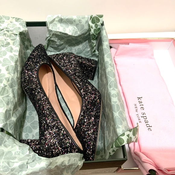Kate Spade Menorca Shimmer Block Heel Pumps Black Glitter Pointed Toe Shoes 5.5 - Picture 7 of 8